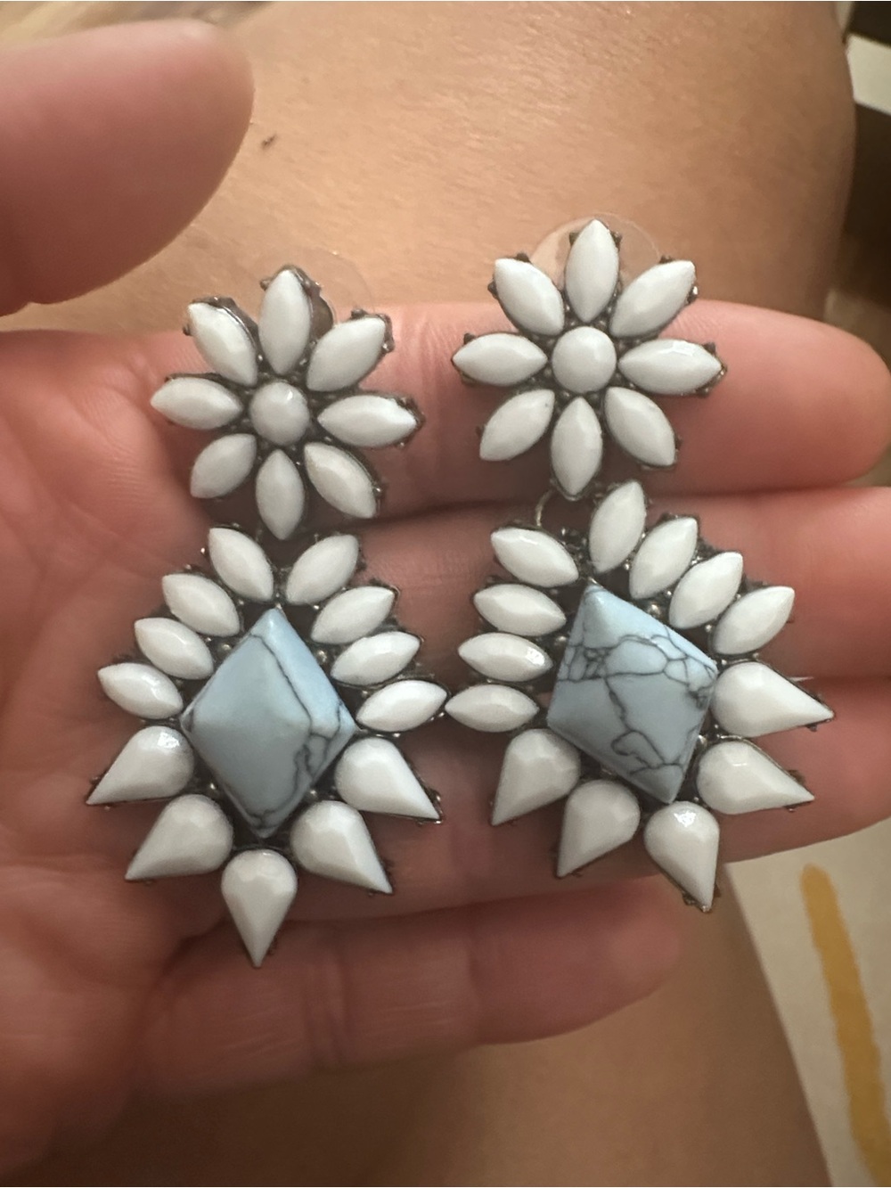 White Floral Drop Earrings with Pale Blue Marbled Center